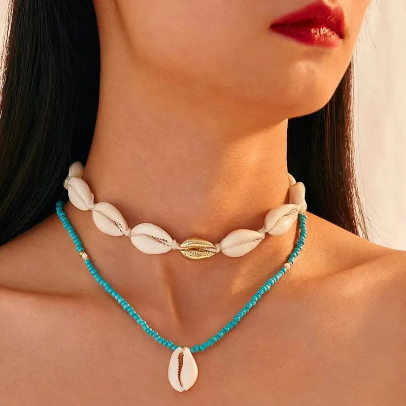 Bohemian multi-layered shell and rice bead necklace - MERGE.DAY.1.FREESTYLE