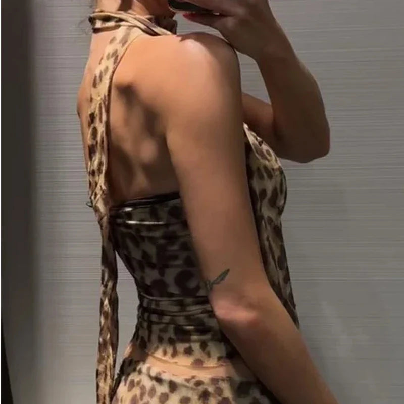 Leopard Print Wrapped Suit Backless Sleeveless Tops Skirts - MERGE.DAY.1.FREESTYLE