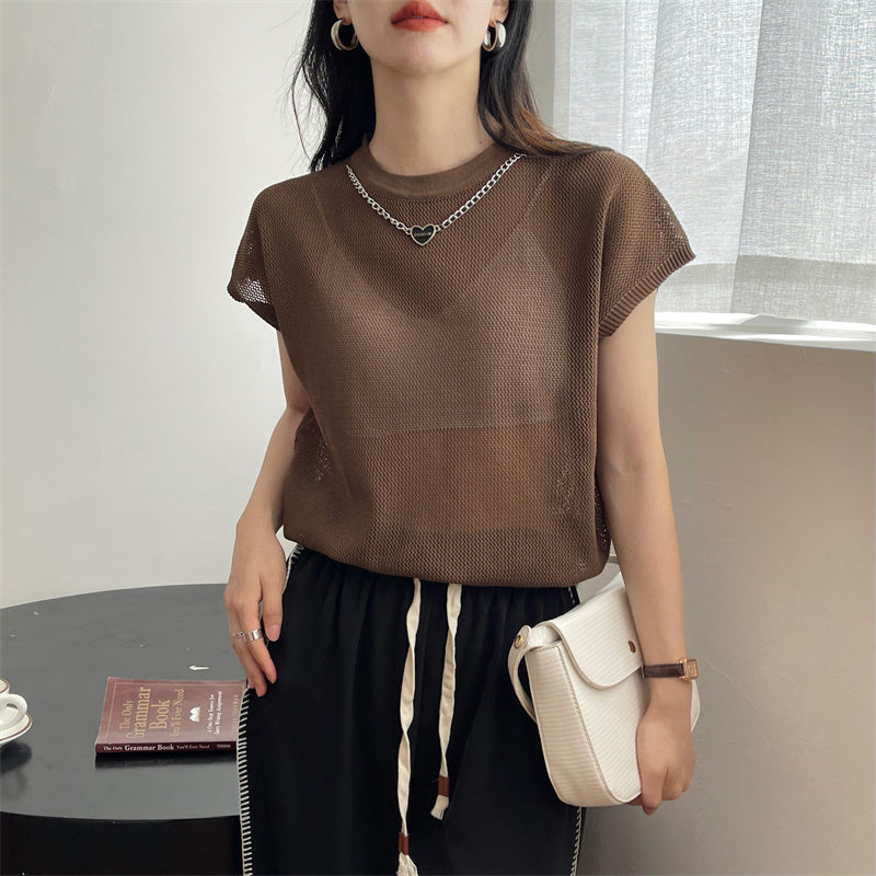 Hollow T-shirt Chain Women Summer New Solid Color Short Sleeve Knitted Tops Female 2022 - MERGE.DAY.1.FREESTYLE