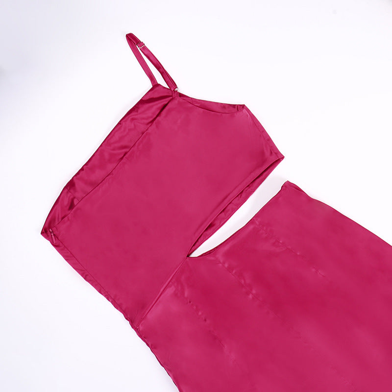 Vestido de fiesta largo y elegante para mujer con tirantes, detalle diagonal de flechos, hombros descubiertos y aberturas sexis