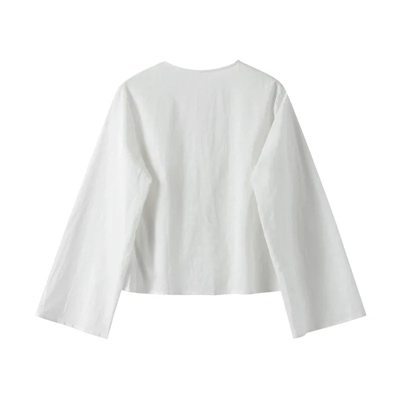 Cotton Linen Lace Up Bow Shirts Women Loose Hollow Out V Neck Long Sleeve Tops - MERGE.DAY.1.FREESTYLE