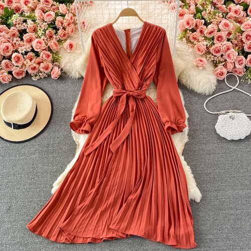 Slim Dress Elegant A Line V Neck Puff Sleeve Chiffon Pullover Mid-Calf Dresses - MERGE.DAY.1.FREESTYLE