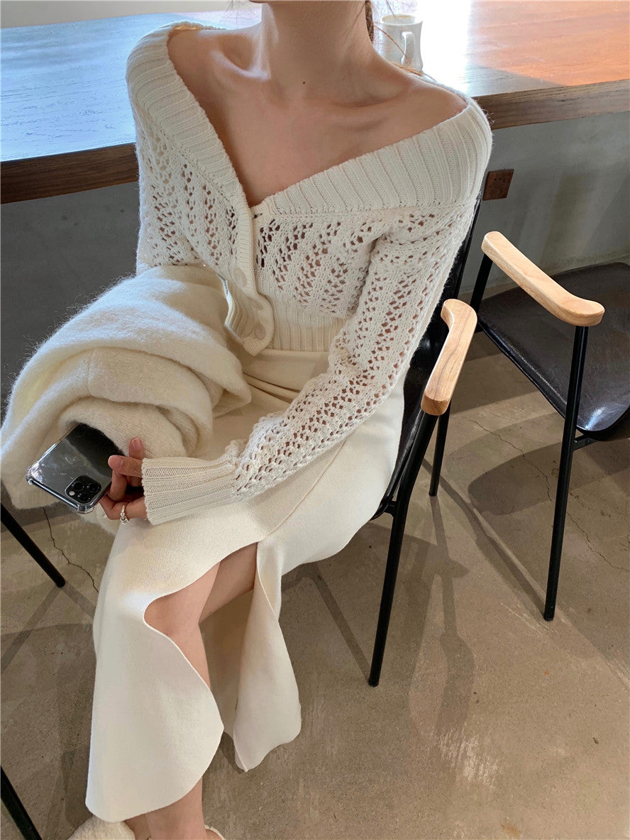 Women Hollow Sweater Cardigan Outerwear V Neck Button Knitted Tops Jackets - MERGE.DAY.1.FREESTYLE