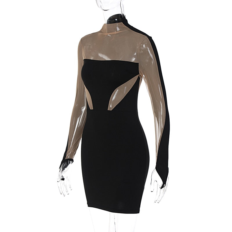 Long Sleeve Patchwork Mesh See Through Sexy Bodycon Mini Dress Evening Clothes - MERGE.DAY.1.FREESTYLE