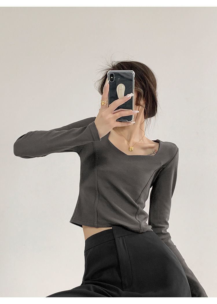 Fishbone Pattern Women's Long Sleeve T-shirt High Waist Slim Square Collar Tops Woman - MERGE.DAY.1.FREESTYLE