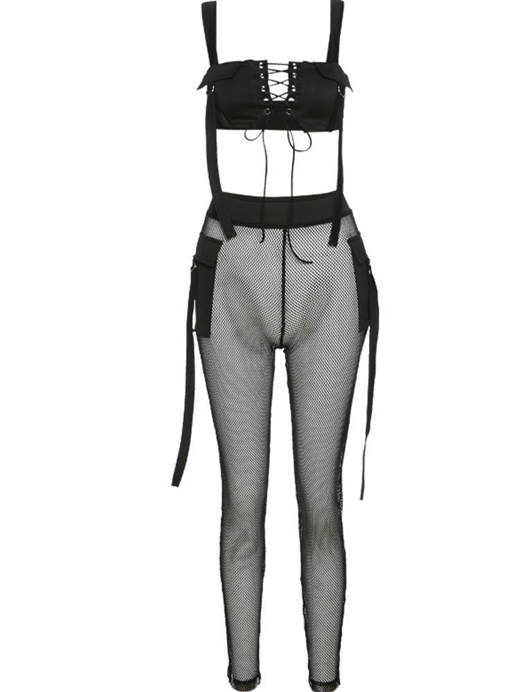 See Through Mesh Crop Top and Trousers Two Piece Set Casual Streetwear 2022 - MERGE.DAY.1.FREESTYLE