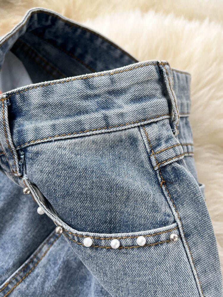 Beading Split Denim Skirts Women High Waist A-line Irregular Jeans Skirts - MERGE.DAY.1.FREESTYLE