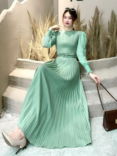 O-neck Long Sleeve A-line Dress Office Lady Pleated Maxi Dress - MERGE.DAY.1.FREESTYLE