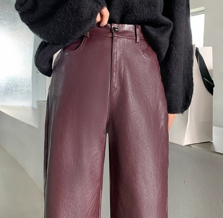 Spring Autumn PU Leather Pants Women High Waist Pockets Faux Leather Harem Pants - MERGE.DAY.1.FREESTYLE