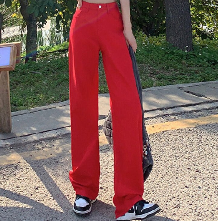 Cotton Ladies Wide Leg Denim Pants High Waist Loose Pockets Jeans Trousers - MERGE.DAY.1.FREESTYLE