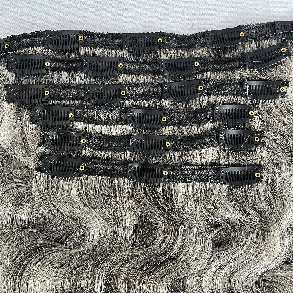 SoulLady Salt and Pepper Clip in Hair Extensions Real Human Hair Brazilian Virgin Human Hair Extensions 6 Pieces/Set for Senior - MERGE.DAY.1.FREESTYLE