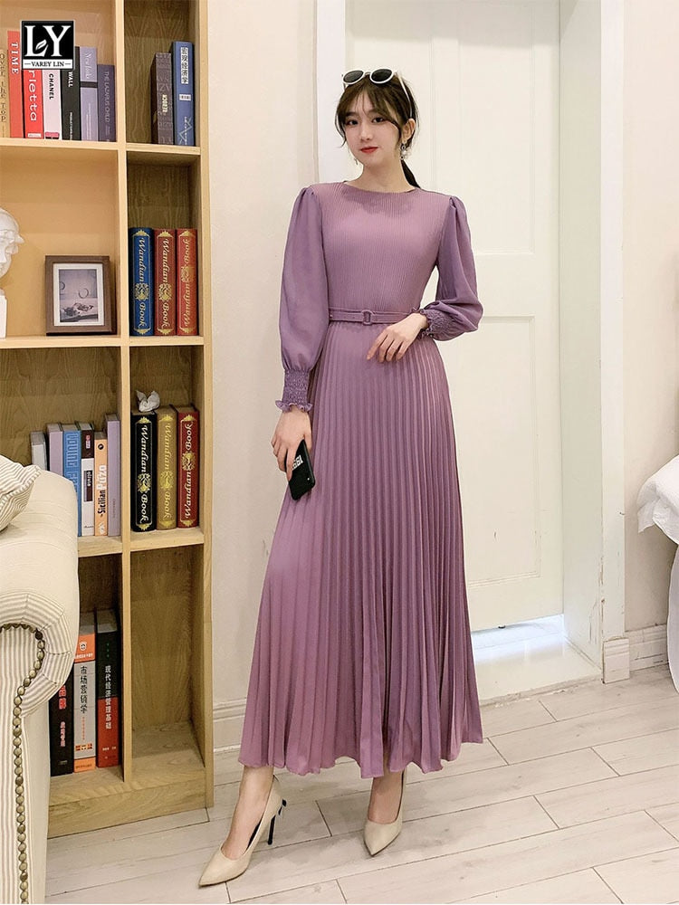 O-neck Long Sleeve A-line Dress Office Lady Pleated Maxi Dress - MERGE.DAY.1.FREESTYLE