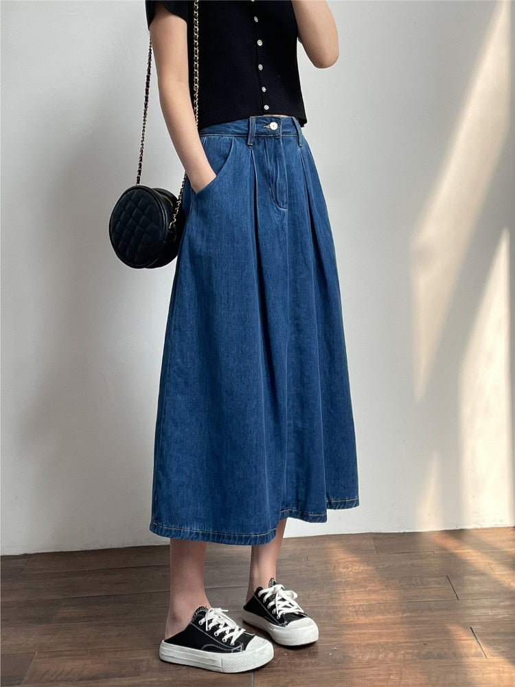 Denim Skirts Women Casual High Waist Lady Loose Vintage Dark Blue Skirts - MERGE.DAY.1.FREESTYLE