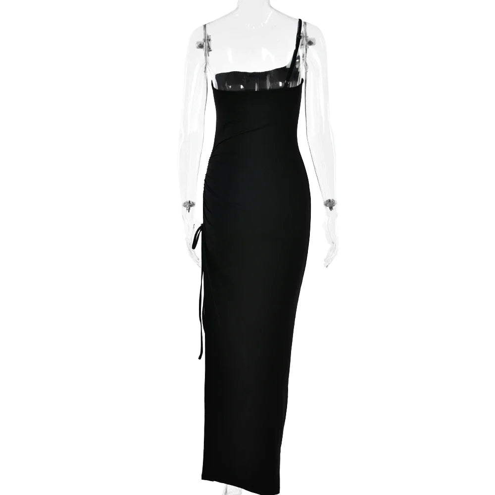 Drawstring High Slit Shoulder Slim Elastic Maxi Bodycon Dress - MERGE.DAY.1.FREESTYLE