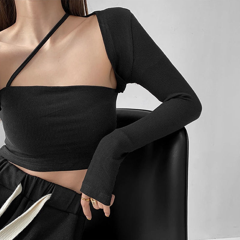 Cropped Tops Women Square Collar Slanted Shoulder Straps Halter Neck Long Sleeve T-shirt - MERGE.DAY.1.FREESTYLE
