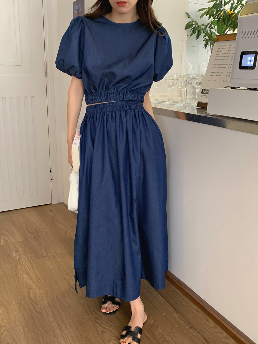 Women's Summer Cotton Denim Sets of Skirts Suit Chic Puff Sleeve Short Top with Umbrella Skirt - MERGE.DAY.1.FREESTYLE