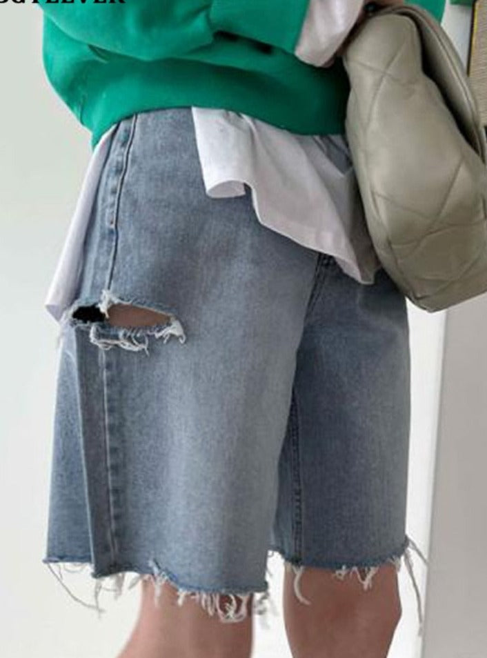 Spring Summer Loose Ripped Holes Ladies Wide Leg Jeans Shorts - MERGE.DAY.1.FREESTYLE