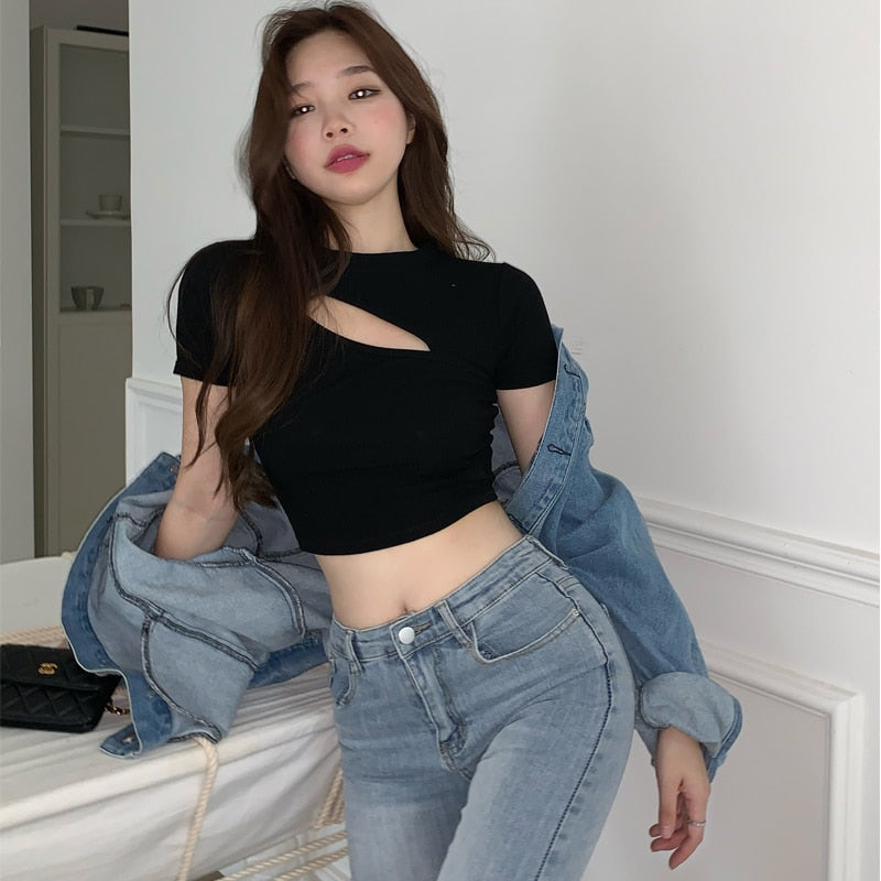 T Shirt Women Summer Hollow Crewneck Cropped Tops Irregular Tight Fitting Short Sleeve - MERGE.DAY.1.FREESTYLE