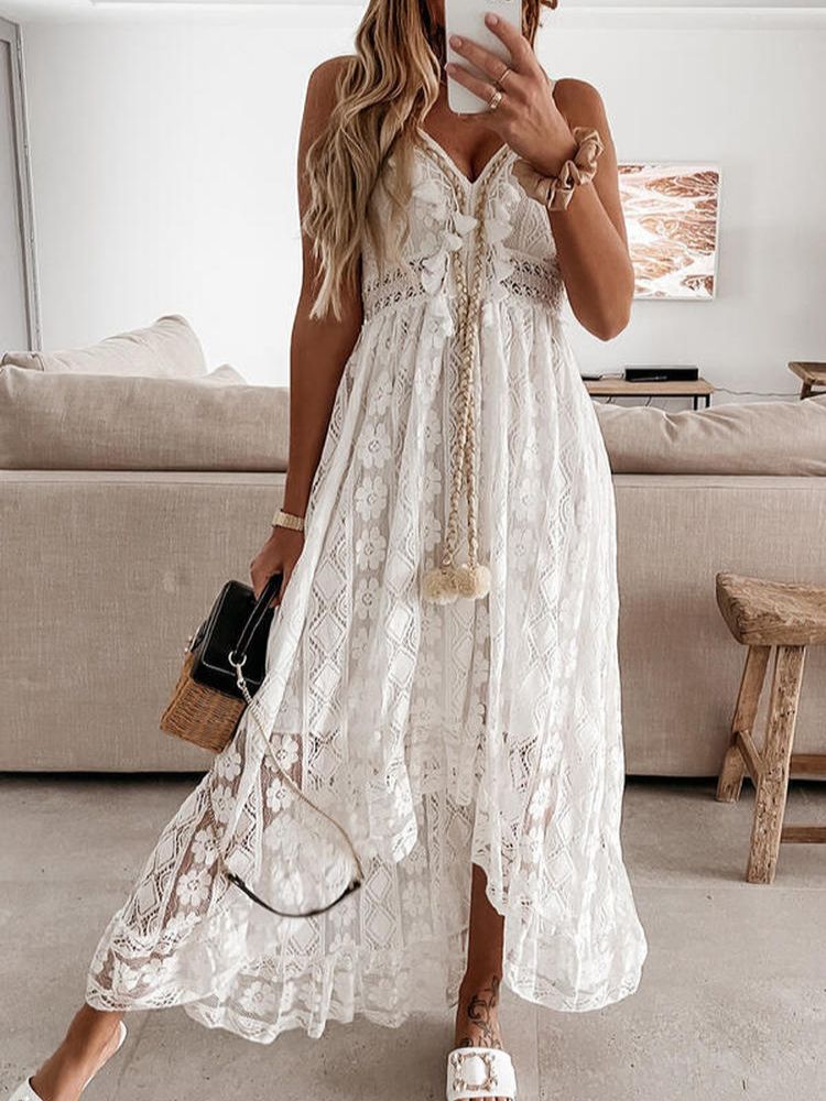 Women Dress Beach Style Elegant White Lace Spaghetti Srap Sundress Female Hollow Out Boho - MERGE.DAY.1.FREESTYLE
