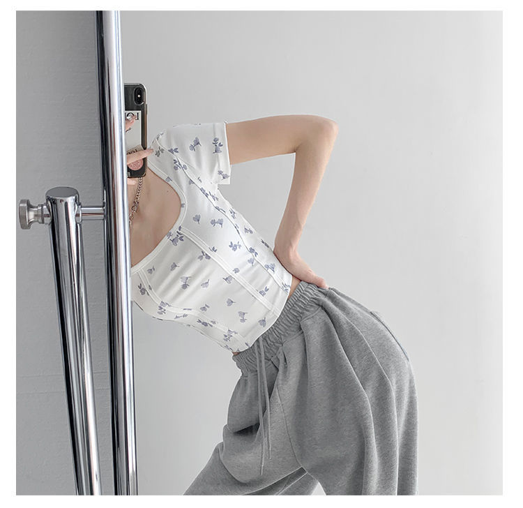 Summer Floral Cropped Top Women Slim Square Neck Short Sleeve White T-shirts Female - MERGE.DAY.1.FREESTYLE