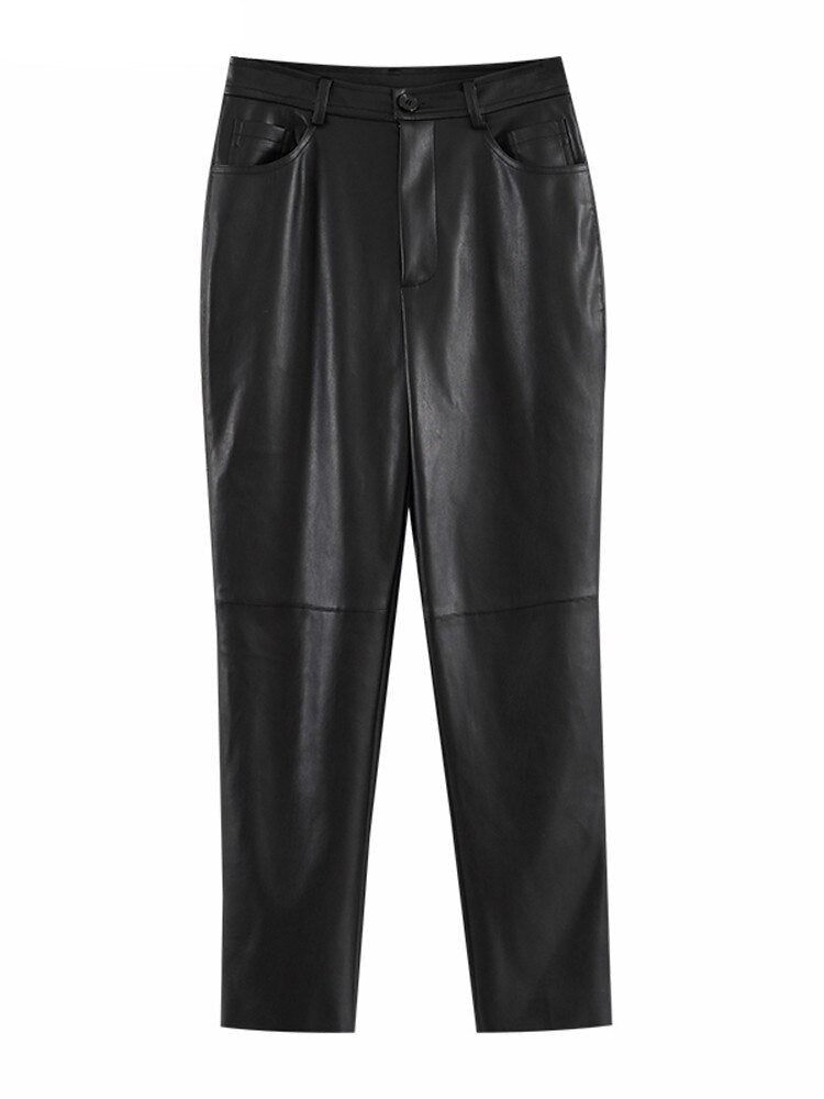 Loose Pockets Women PU Leather Trousers High Waist Single Button Ladies Straight Pants - MERGE.DAY.1.FREESTYLE