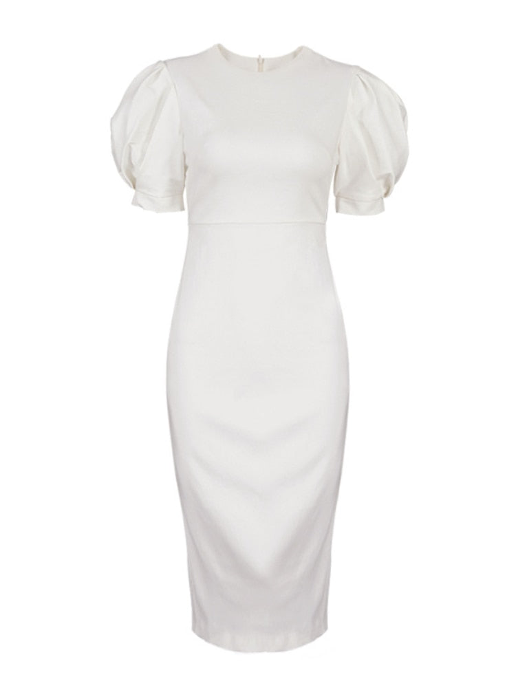Summer Puff Short Sleeve Dress O-neck Office Lady Solid Color A-line Dress - MERGE.DAY.1.FREESTYLE