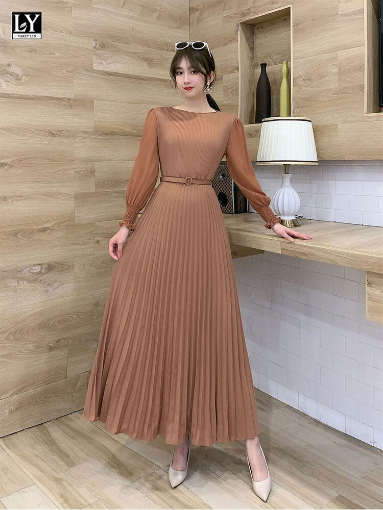 O-neck Long Sleeve A-line Dress Office Lady Pleated Maxi Dress - MERGE.DAY.1.FREESTYLE