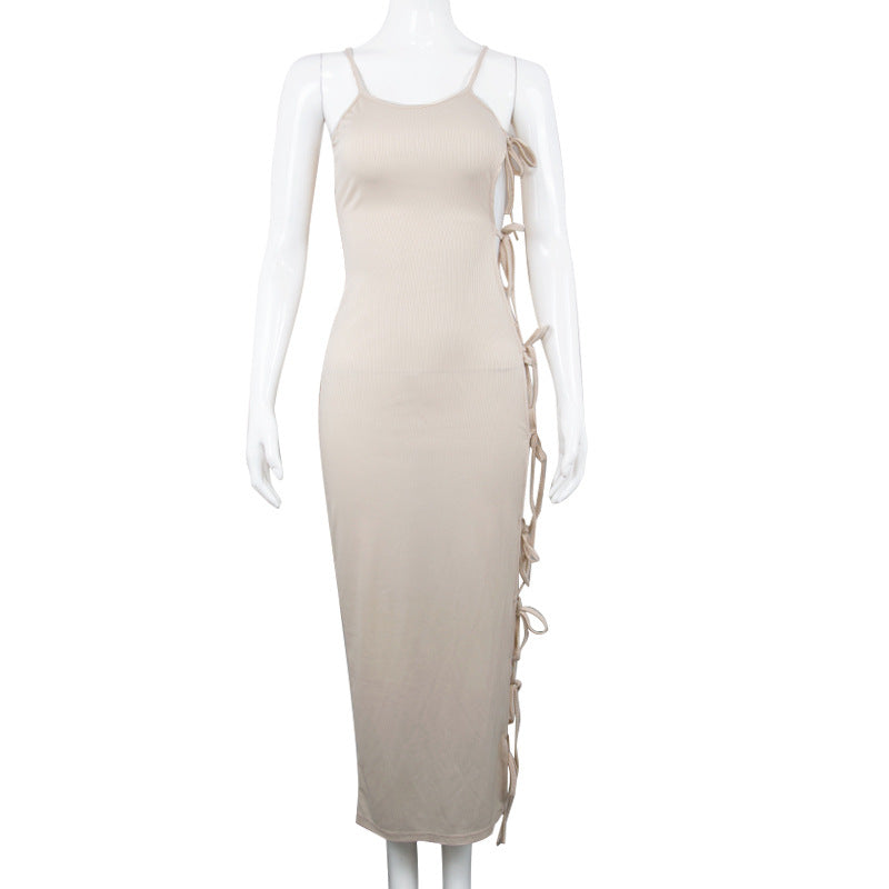 Side Hollow Out Bandage Long Dress Streetwear Beige Lace-up Sapghetti Strap Vestito - MERGE.DAY.1.FREESTYLE