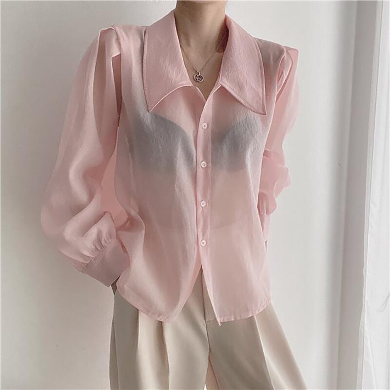 See Through Button Down Shirts Women New Loose Long Sleeve Blouse Female 2022 Summer Suncreen Tops - MERGE.DAY.1.FREESTYLE