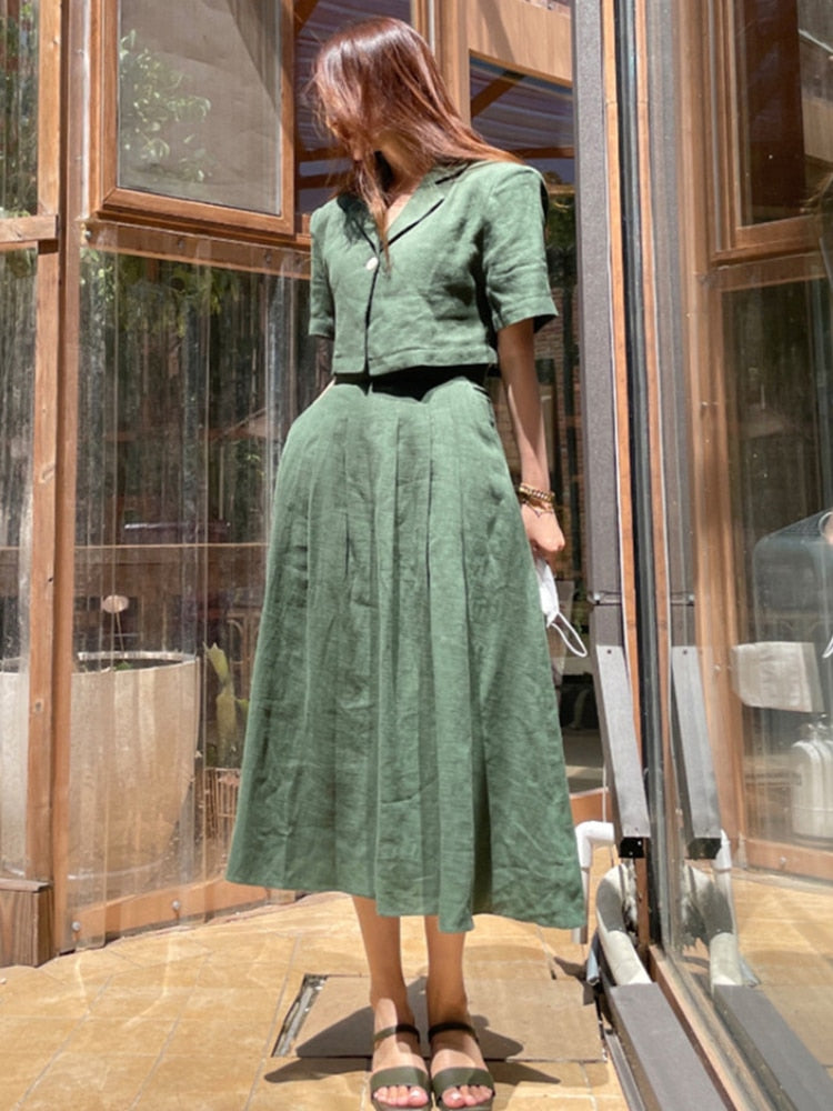 Cotton Linen Skirt 2 Two Piece Sets Outfits Female Short Sleeve Blazer Suits with High Waist - MERGE.DAY.1.FREESTYLE