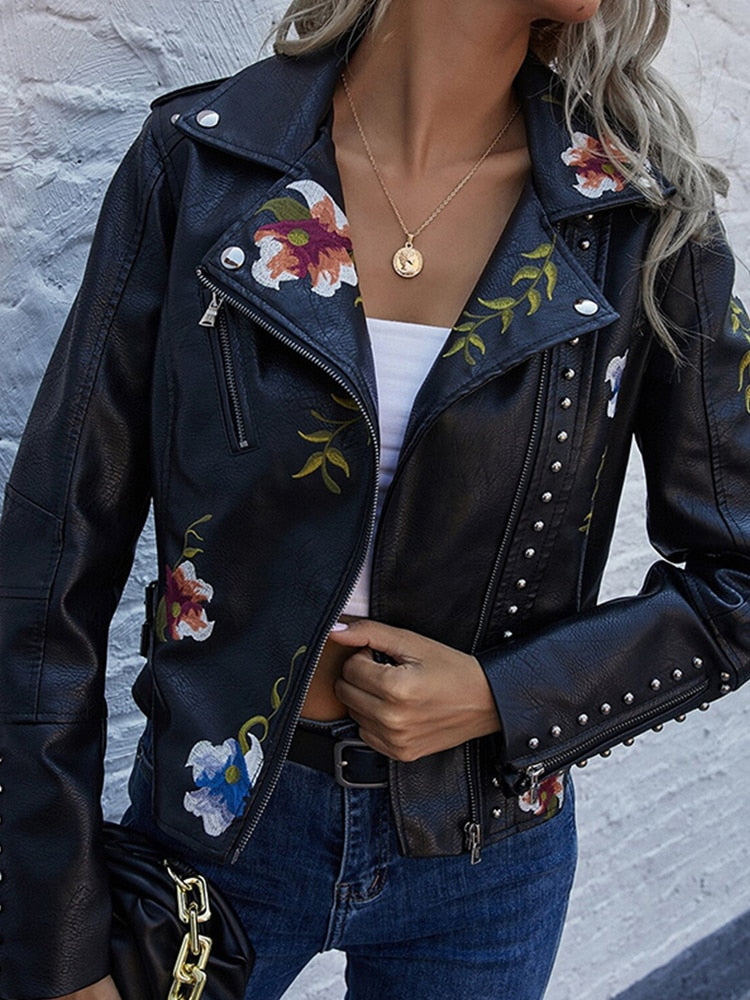 Floral Print Embroidery Faux Soft Leather Jacket Women Pu Motorcycle Coat - MERGE.DAY.1.FREESTYLE