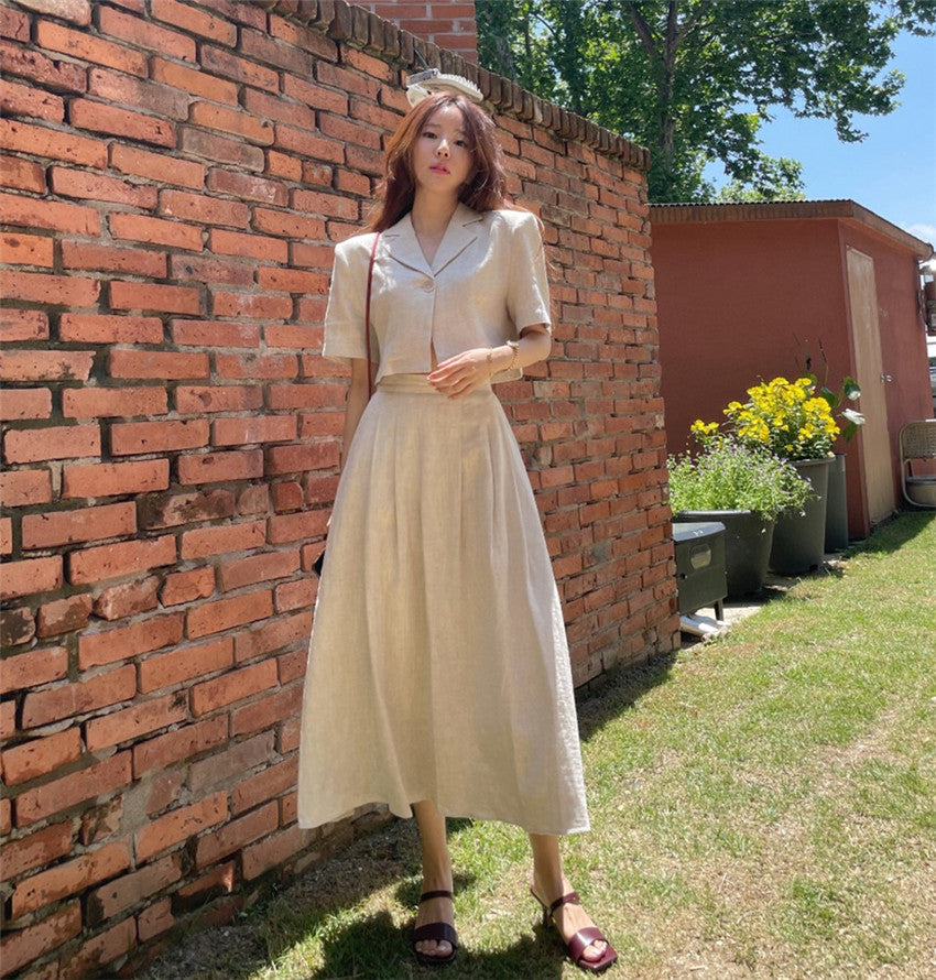 Cotton Linen Skirt 2 Two Piece Sets Outfits Female Short Sleeve Blazer Suits with High Waist - MERGE.DAY.1.FREESTYLE