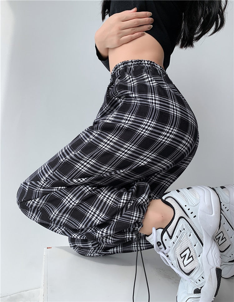 Plaid Pants Women High Waist Drawstring Loose Straight Baggy Pants 2022 Spring and Summer - MERGE.DAY.1.FREESTYLE