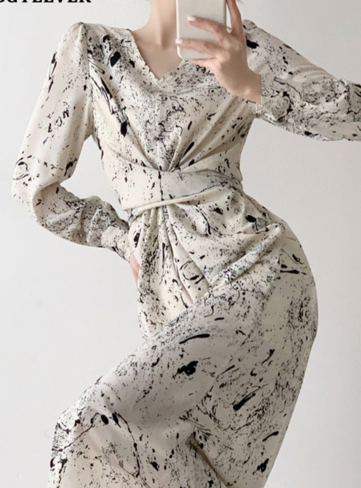 V-neck Long Sleeve Printed Dress Slim Waist Lace-up Split Midi Dress vestidos - MERGE.DAY.1.FREESTYLE