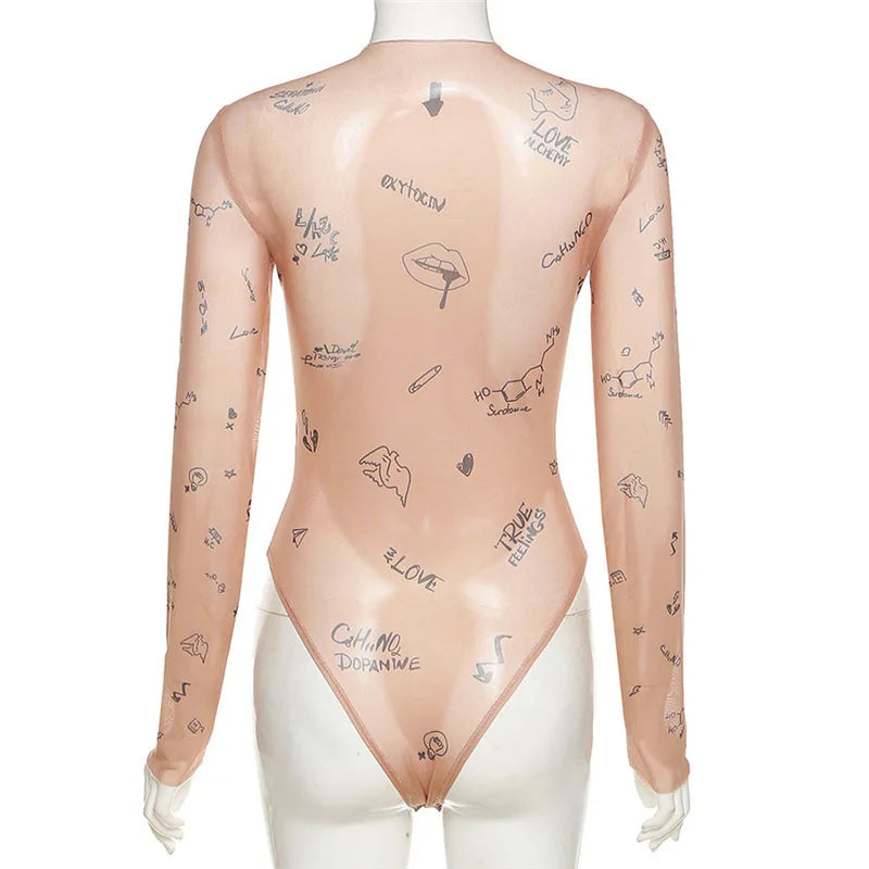 Print tight-fitting one-piece Top Women Long-Sleeved Bodysuits O-Neck - MERGE.DAY.1.FREESTYLE