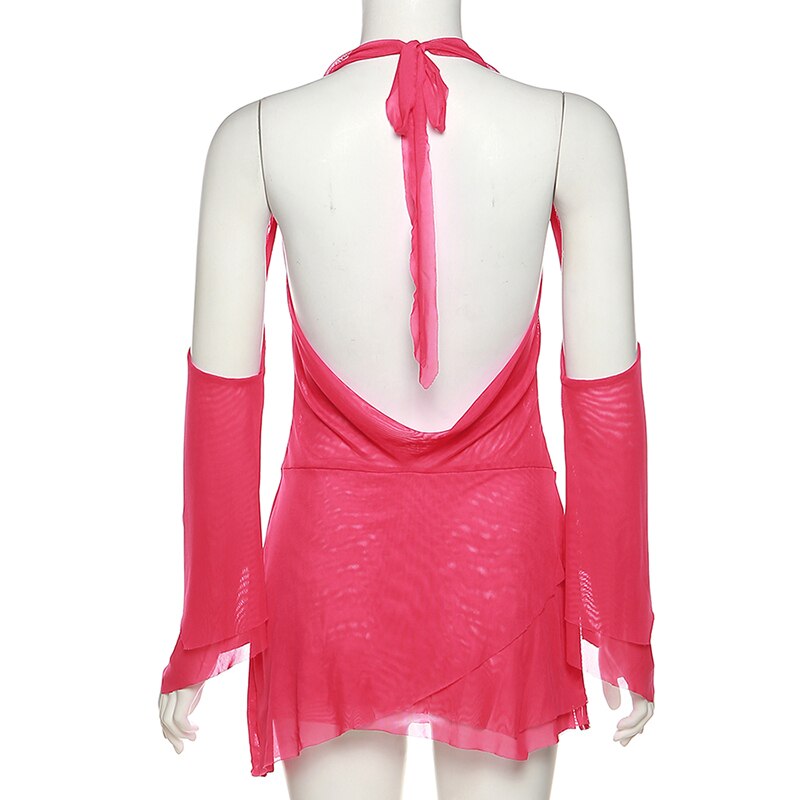 Halter Long Sleeves Irregular Draped Mini Dress - MERGE.DAY.1.FREESTYLE