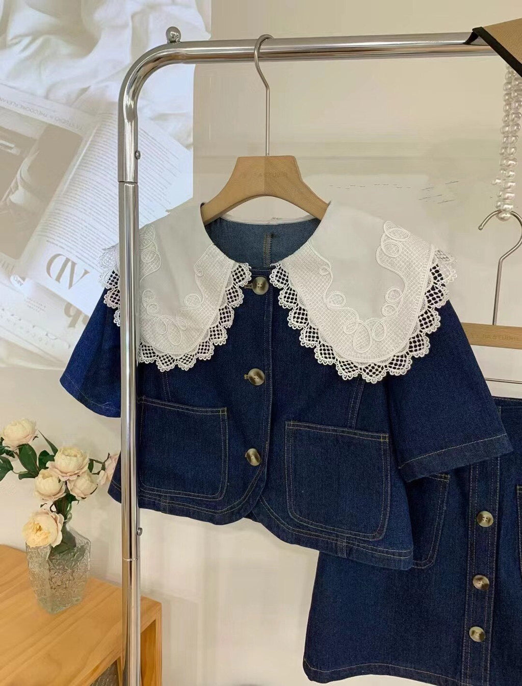 Summer Sweet Denim Suit Lace Peter Pan Collar Single Breasted Tops+high Waist A-line Skirts - MERGE.DAY.1.FREESTYLE
