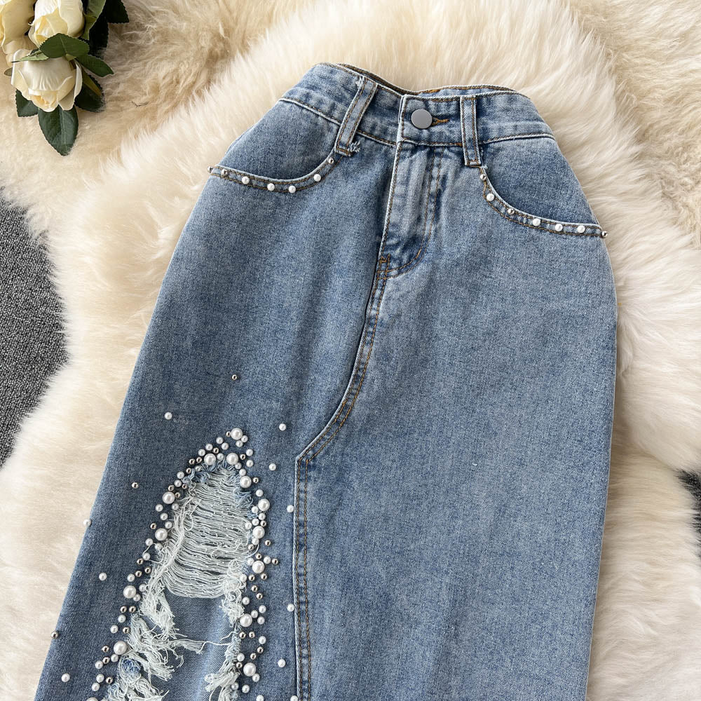 Beading Split Denim Skirts Women High Waist A-line Irregular Jeans Skirts - MERGE.DAY.1.FREESTYLE