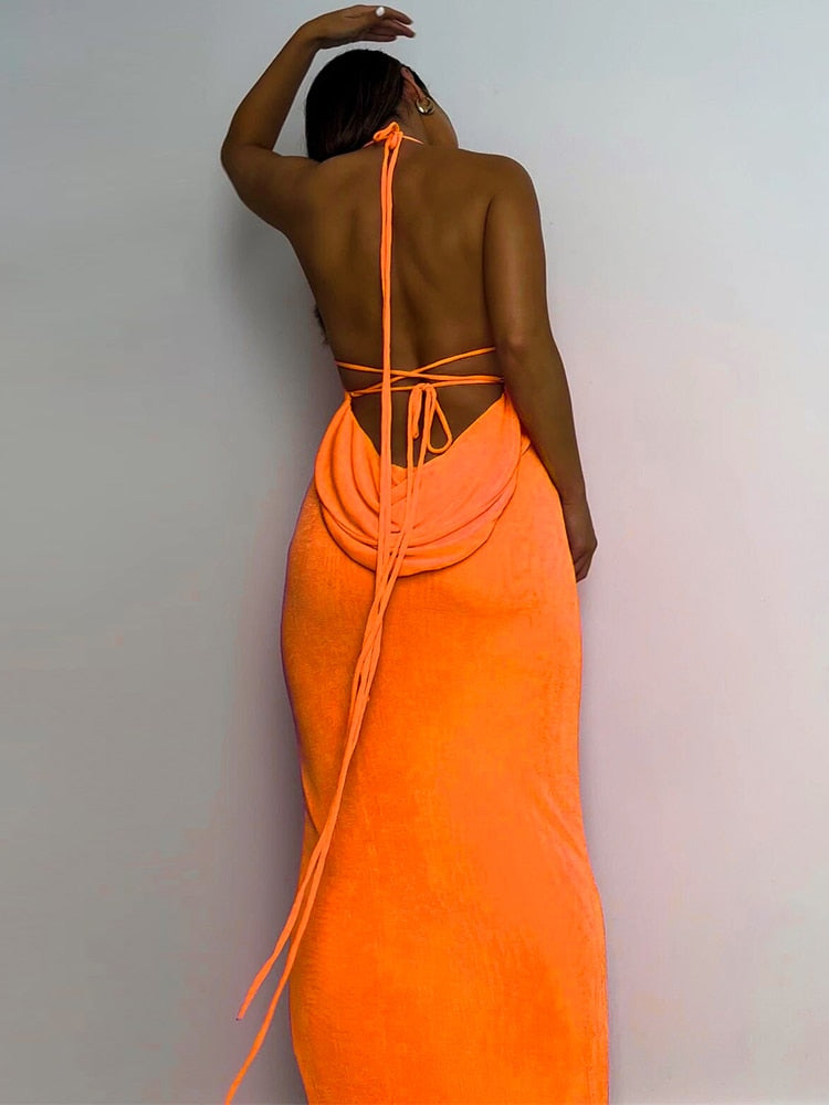 Collar Backless Sleeveless Drawstrings Hollow Out Slit Sexy Maxi Prom Dress - MERGE.DAY.1.FREESTYLE