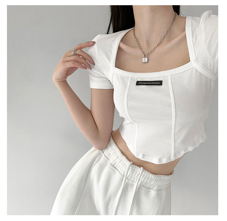 Curved Crop Tops Women Summer Square Collar Short Sleeve T-Shirt Fashion Slim Woman - MERGE.DAY.1.FREESTYLE