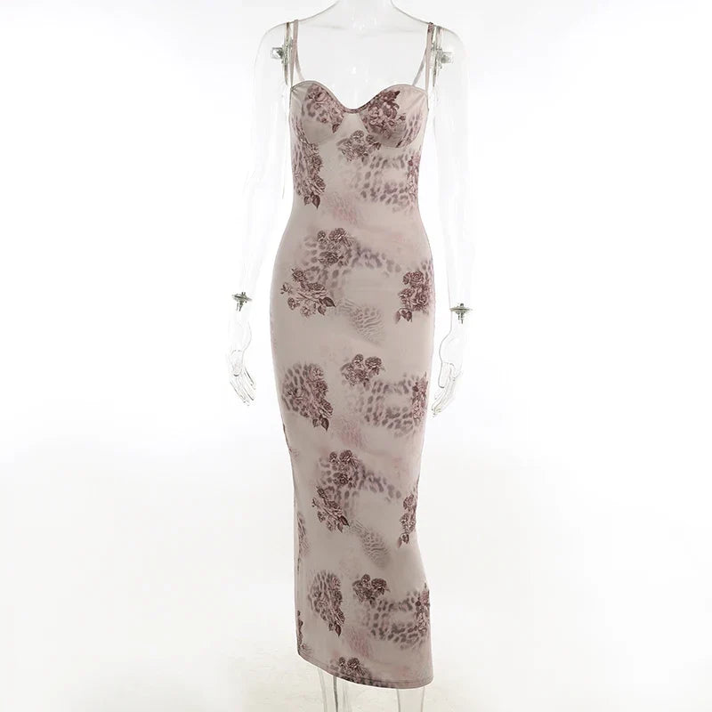 Sleeveless V-neck Backless Bodvcon Printed Spaghetti Strap Dress - MERGE.DAY.1.FREESTYLE