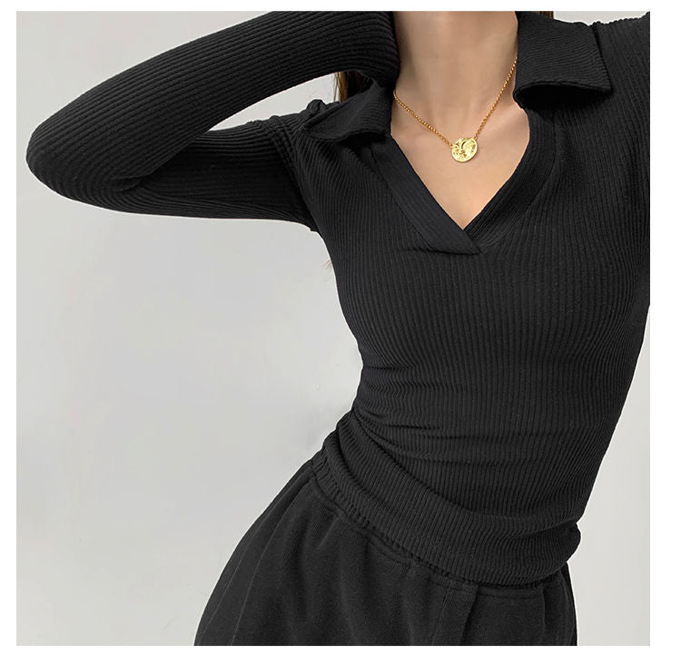 Sexy V-Neck Slim Fitness Women's T-Shirt Long Sleeve Polo Shirt Woman High Waist Cropped Tops - MERGE.DAY.1.FREESTYLE