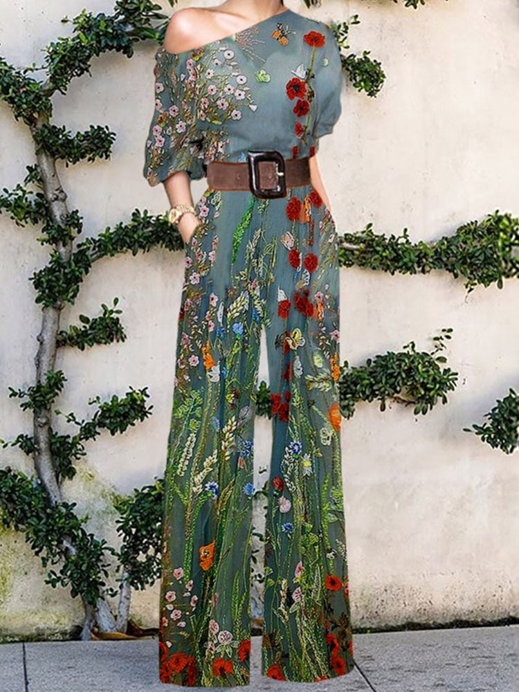 2022 Summer Pattern Print Jumpsuit Off Shoulder Romper Women Wide Leg Pant Playsuit - MERGE.DAY.1.FREESTYLE