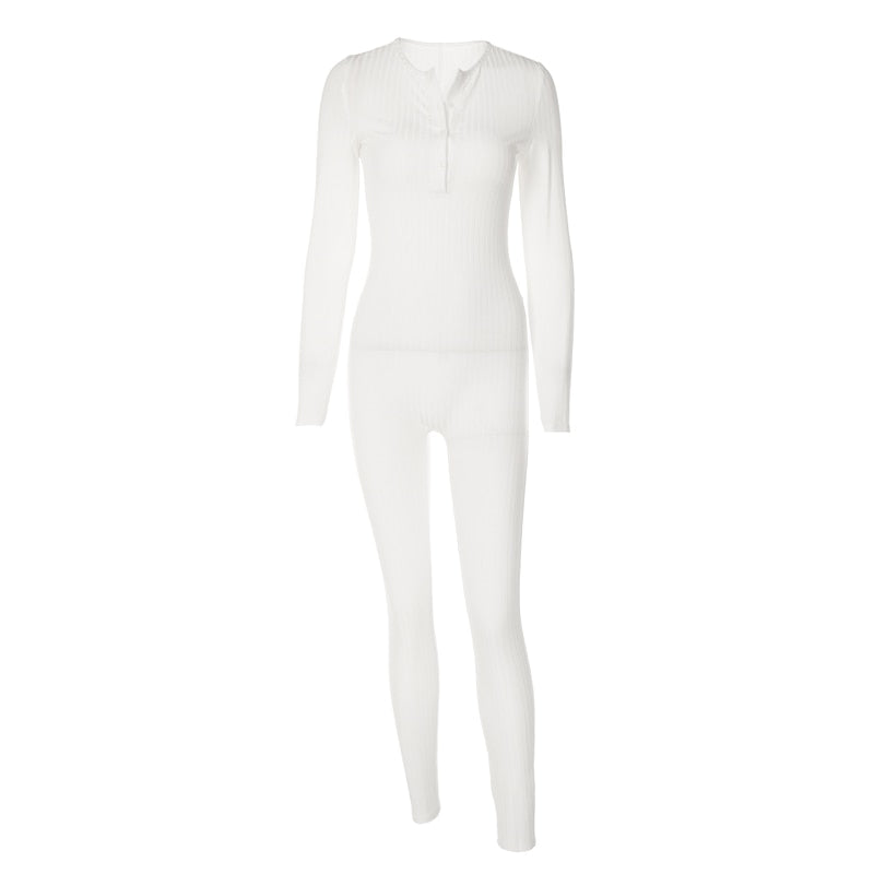 V-Neck Long Sleeves Buttons Bodycon Skinny Jumpsuit Rompers - MERGE.DAY.1.FREESTYLE