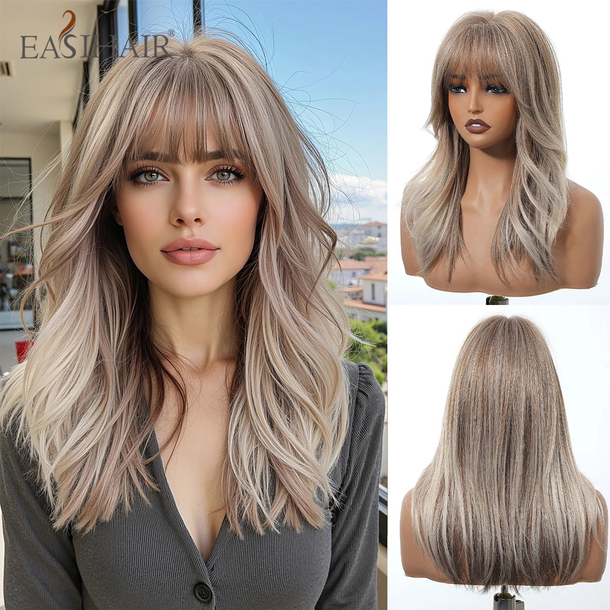 EASIHAIR Medium Length Orange Synthetic Wigs for Women Natural Wavy Wigs With Bangs Heat Resistant Fiber Wigs for Daily Cosplay