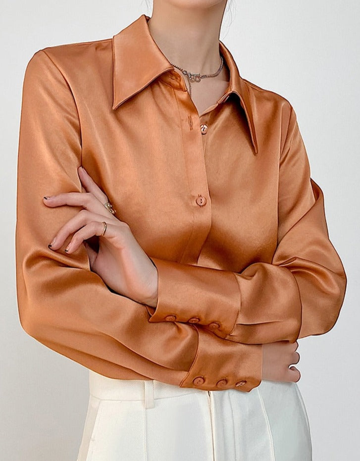 Turn-down Collar Solid Blouses Women Full Sleeve Loose Single-breasted Satin Shirts - MERGE.DAY.1.FREESTYLE