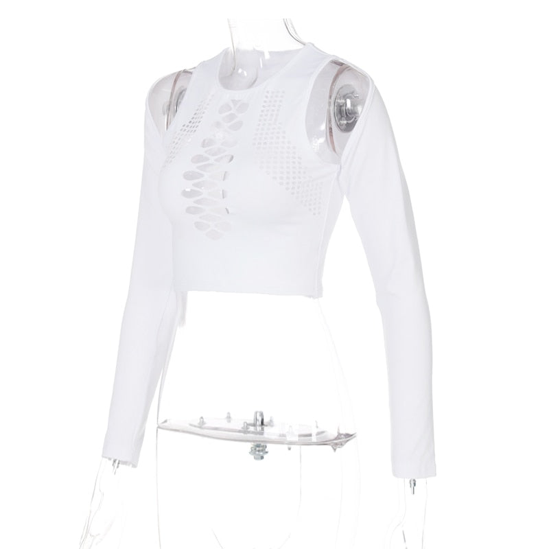 Long Sleeves Solid Hollow Out Bandage Sexy Tube Crop Top Summer Autumn Women - MERGE.DAY.1.FREESTYLE