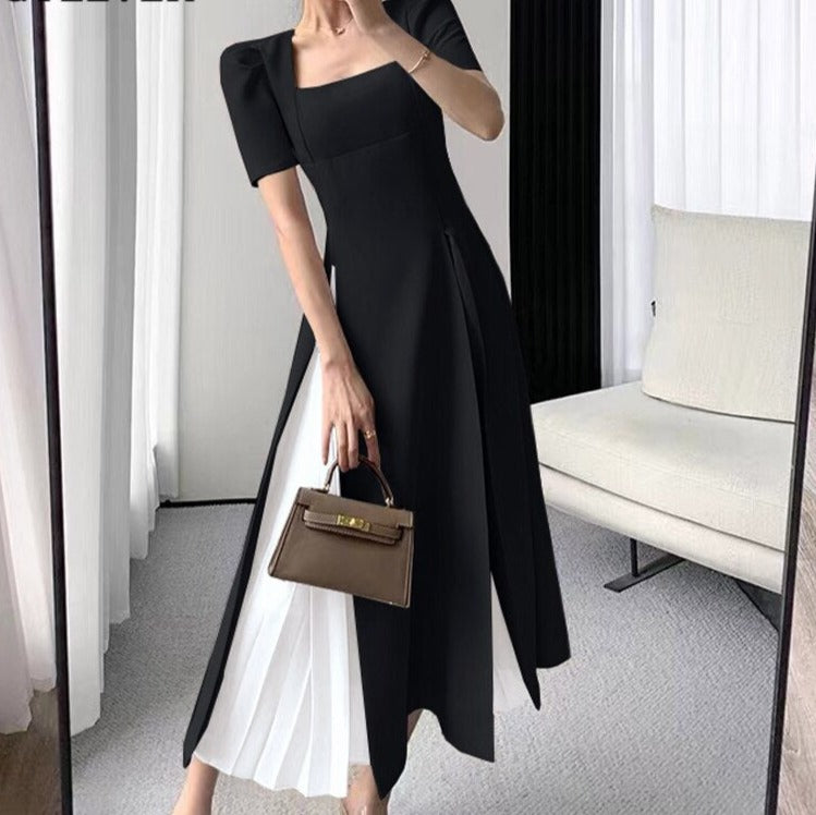 Vintage Square Collar Mid-Length Dress Elegant Short Sleeve Slim Waist Mesh - MERGE.DAY.1.FREESTYLE
