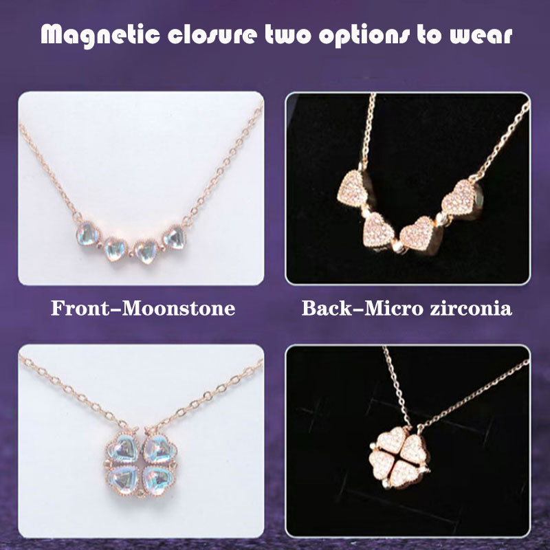 Love Heart Shaped Double Side Moonstone Magnetic Four Leaf Clover Good Pendant Necklace - MERGE.DAY.1.FREESTYLE