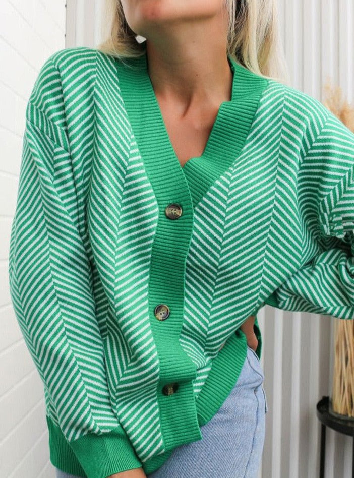 V-neck Striped Cardigans Sweaters Long Sleeve Loose Knitted Open Stitch Outwear - MERGE.DAY.1.FREESTYLE